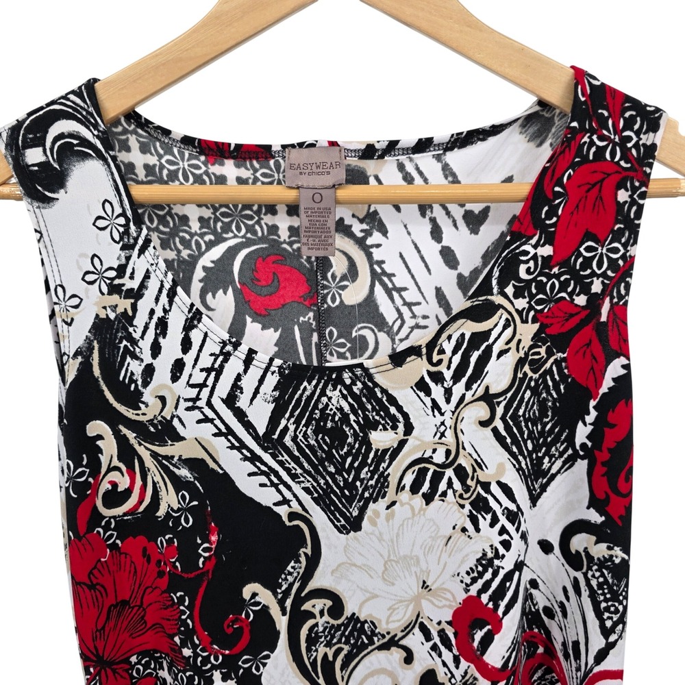 Chicos Asian Allure Marit Knee Dress Size 0 Red Black White Print Sleeveless‎